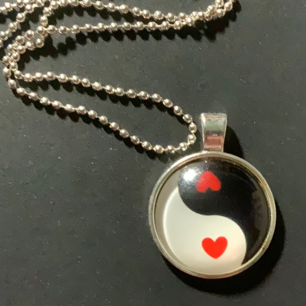 Silver Cabochon Necklace - Yin Yang With Hearts